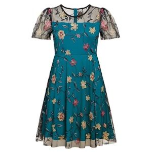 Floral Embroidered Tulle Dress 1X 2X Blue Teal Cocktail Retro Fairy Garden New